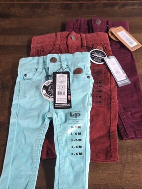Bundle Of 3-6 Month NEW L&P Apparel Baby Pants in Aqua, Rust & Burgundy
